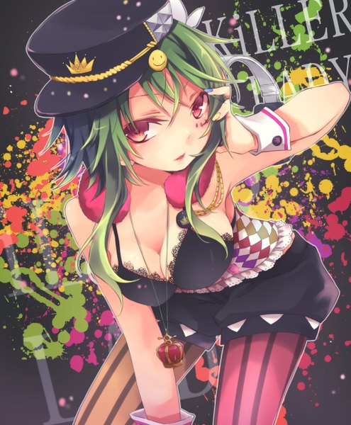 Anime picture 1024x1240 with vocaloid killer lady (vocaloid) gumi kuroi (liar-player) single tall image looking at viewer short hair breasts red eyes cleavage nail polish fingernails green hair leaning hat pantyhose pendant wrist cuffs