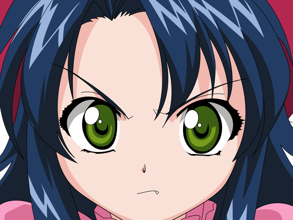 Anime picture 1440x1080 with onegai teacher kazami maho single looking at viewer short hair green eyes blue hair fang (fangs) vector angry >:( girl