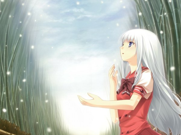 Anime picture 1024x768 with kitto, sumiwataru asairo yori mo (game) long hair blue eyes game cg white hair girl serafuku