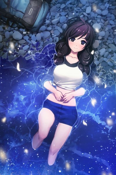 Anime picture 900x1350 with original rheez (artist) single long hair tall image looking at viewer blush black hair smile lying black eyes girl petals water shorts