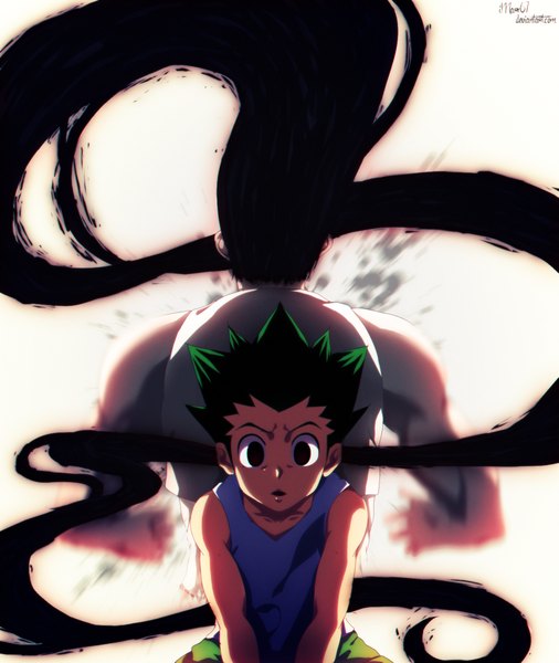 Anime picture 1280x1517 with hunter x hunter gon freaks eroishi tall image short hair open mouth black hair simple background white background very long hair black eyes coloring muscle dual persona spoilers boy t-shirt