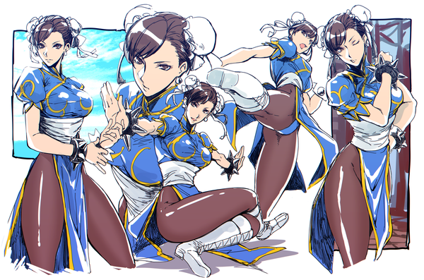 Anime picture 1245x825 with street fighter capcom chun-li pizaya short hair light erotic brown hair brown eyes traditional clothes hair bun (hair buns) chinese clothes spread arms side slit fighting stance multiple persona girl earrings pantyhose bracelet knee boots
