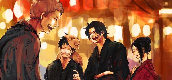 Anime picture 1306x611 with one piece toei animation monkey d. luffy portgas d. ace sabo (one piece) makino (one piece) tsuyomaru long hair short hair open mouth black hair blonde hair smile wide image eyes closed japanese clothes profile multiple boys scar group