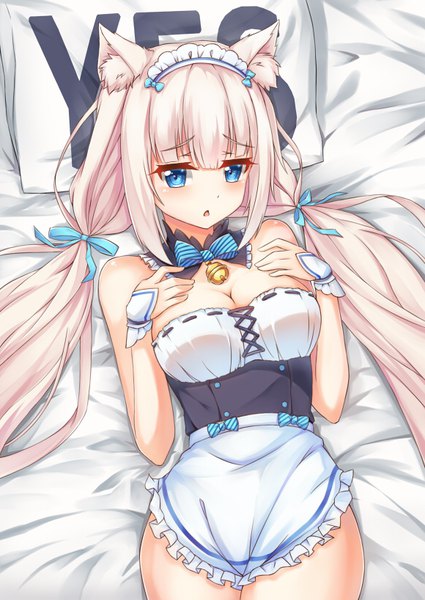 Anime picture 580x818 with neko paradise neko works (studio) vanilla (nekopara) yitiao yuxian single long hair tall image looking at viewer blush fringe breasts open mouth blue eyes light erotic large breasts twintails bare shoulders animal ears payot lying