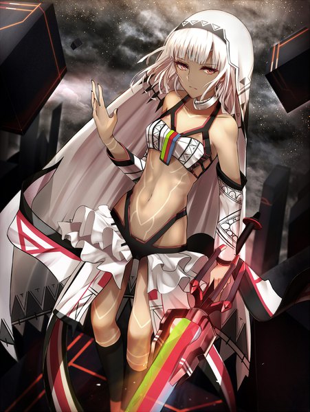 Anime picture 1405x1869 with fate (series) fate/grand order fate/extra fate/extella altera (fate) shiguru single tall image fringe short hair light erotic red eyes white hair blunt bangs dark skin serious girl weapon detached sleeves sword