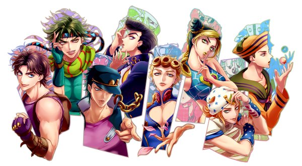 Anime picture 1305x720 with jojo no kimyou na bouken steel ball run jojolion kujo jotaro kujo jolyne giorno giovanna higashikata jousuke joseph joestar (young) jonathan joestar star platinum johnny joestar higashikata jousuke (jojolion) stone free gold experience crazy diamond hermit purple soft & wet tusk (stand) joka (night gate) short hair