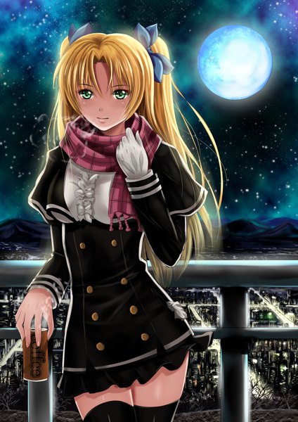Anime picture 2480x3507 with original soyokaze single long hair tall image looking at viewer blush highres blonde hair smile twintails green eyes night zettai ryouiki night sky city cityscape mountain girl thighhighs