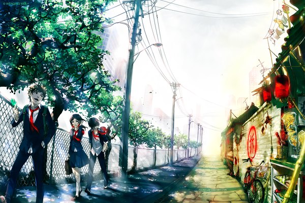 Anime picture 1500x1000 with knite sen (knite) yuumei short hair black hair brown hair city group walking street girl boy uniform plant (plants) school uniform tree (trees) necktie school bag ground vehicle lantern