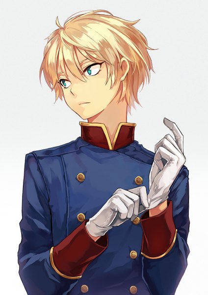 Anime-Bild 1000x1415 mit aldnoah.zero a-1 pictures slaine troyard 8c single tall image short hair blonde hair simple background looking away aqua eyes grey background adjusting gloves boy gloves uniform white gloves military uniform