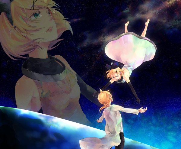 Anime picture 1920x1580 with vocaloid kagamine rin kagamine len hakiri@tsuitta (artist) highres blonde hair green eyes barefoot from behind couple tears back zoom layer space falling girl dress boy gloves bow