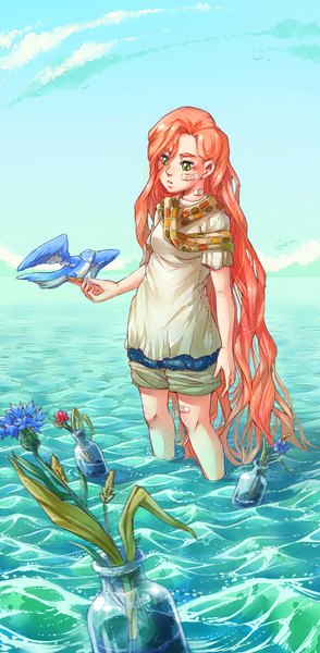 Anime picture 858x1750 with original mikoele single tall image green eyes sky cloud (clouds) very long hair orange hair wavy hair freckles bandaid on face girl flower (flowers) animal water scarf sea bird (birds) bottle