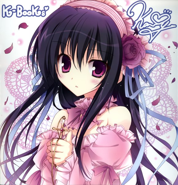 Anime picture 3490x3610 with original karory single long hair tall image looking at viewer blush highres black hair bare shoulders absurdres pink eyes girl dress petals cross