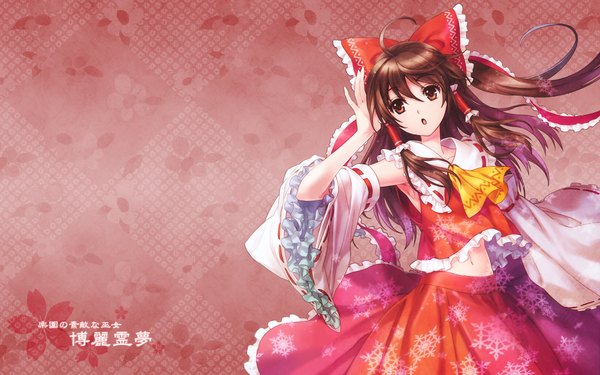 Anime picture 1920x1200 with touhou hakurei reimu an2a single long hair fringe highres open mouth hair between eyes brown hair wide image brown eyes ahoge wind :o wallpaper hieroglyph miko brown background snowflake print