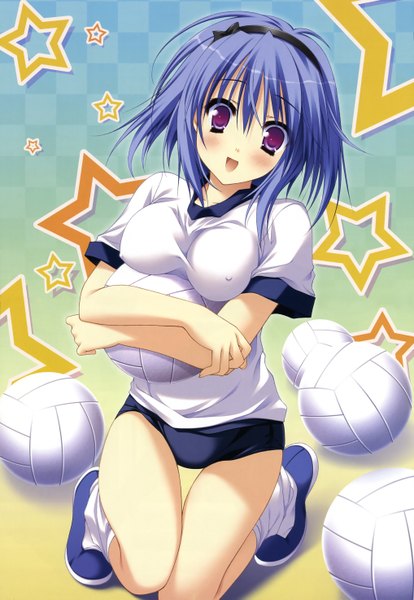 Anime picture 4070x5889 with hello,good-bye lump of sugar saotome suguri moekibara fumitake tall image blush highres short hair open mouth light erotic purple eyes blue hair absurdres :d covered nipples girl uniform hairband star (symbol) gym uniform