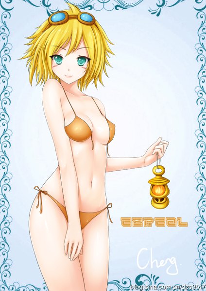 Anime picture 2480x3507 with league of legends ezreal (league of legends) cheng single tall image looking at viewer blush highres short hair breasts light erotic simple background blonde hair aqua eyes genderswap girl swimsuit bikini glasses lantern