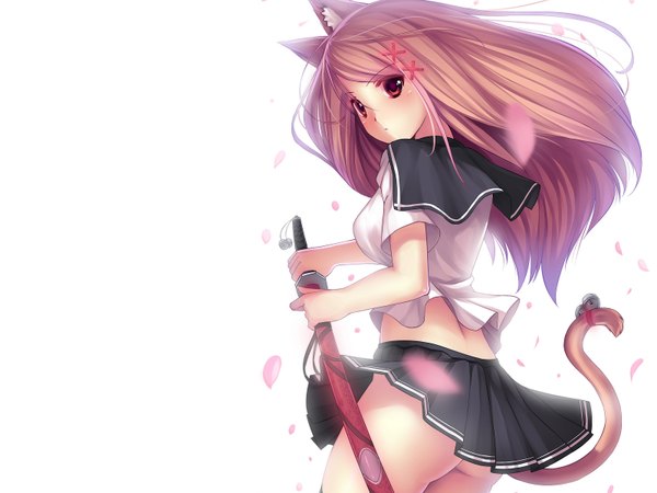 Anime picture 1600x1200 with original caidychen single long hair light erotic simple background red eyes brown hair white background animal ears looking back cat ears cat tail third-party edit cropped extended ready to draw girl hair ornament weapon