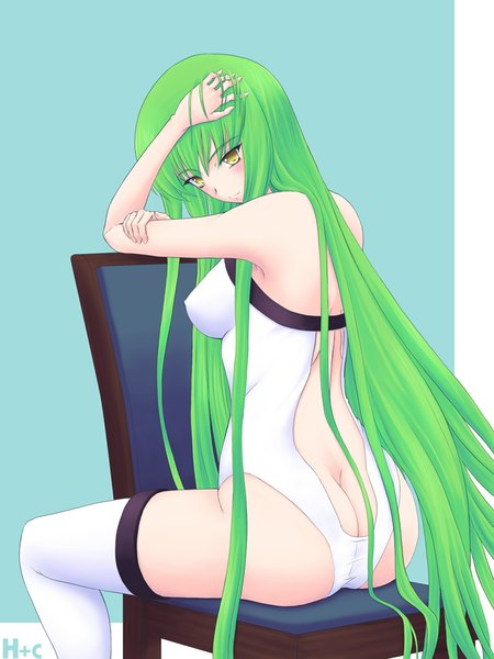 Anime picture 768x1024 with code geass sunrise (studio) c.c. hotincool tall image looking at viewer blush fringe breasts light erotic simple background bare shoulders yellow eyes ass very long hair green hair light smile girl thighhighs swimsuit