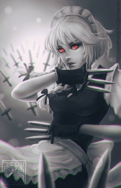 Anime picture 663x1024 with touhou izayoi sakuya koyoriin single tall image looking at viewer fringe short hair breasts red eyes holding signed payot upper body braid (braids) parted lips lips blurry realistic maid