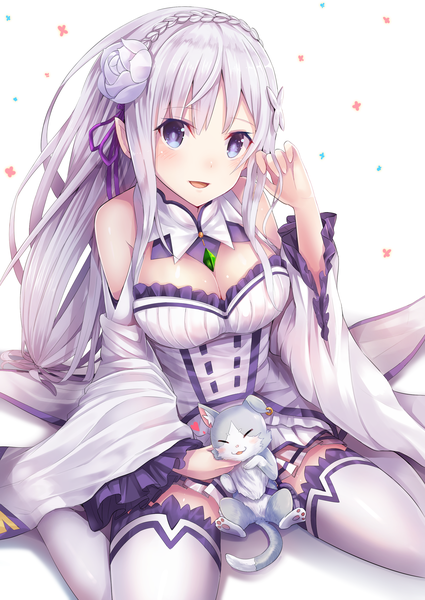 Anime picture 2150x3035 with re:zero kara hajimeru isekai seikatsu white fox emilia (re:zero) puck (re:zero) u rin single long hair tall image fringe highres breasts open mouth blue eyes simple background smile large breasts white background sitting bare shoulders cleavage