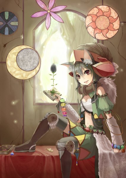 Anime picture 1074x1517 with original hiiragi shou (artist) single tall image short hair black hair brown eyes animal ears midriff girl thighhighs navel hair ornament black thighhighs plant (plants) boots hairclip book (books)