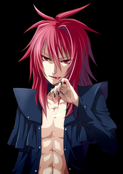Anime picture 2000x2828 with cardfight!! vanguard suzugamori ren yuu (derodero) single long hair tall image highres simple background red eyes red hair nail polish open clothes black background black nail polish boy choker tongue