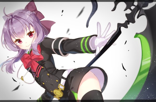 Anime picture 1955x1280 with owari no seraph wit studio hiiragi shinoa jimmy madomagi single long hair looking at viewer blush fringe highres simple background smile white background payot purple hair ahoge pink eyes zettai ryouiki spread arms girl