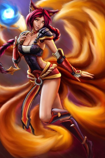 Anime picture 1024x1536 with league of legends ahri (league of legends) carlos eduardo single long hair tall image looking at viewer smile animal ears red hair tail lips orange eyes legs magic fox girl multiple tails girl