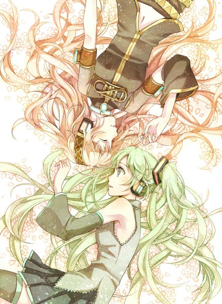 Anime picture 1000x1366 with vocaloid hatsune miku megurine luka yuzuki kihiro long hair tall image blush open mouth twintails bare shoulders multiple girls green eyes pink hair lying eyes closed profile green hair girl 2 girls detached sleeves