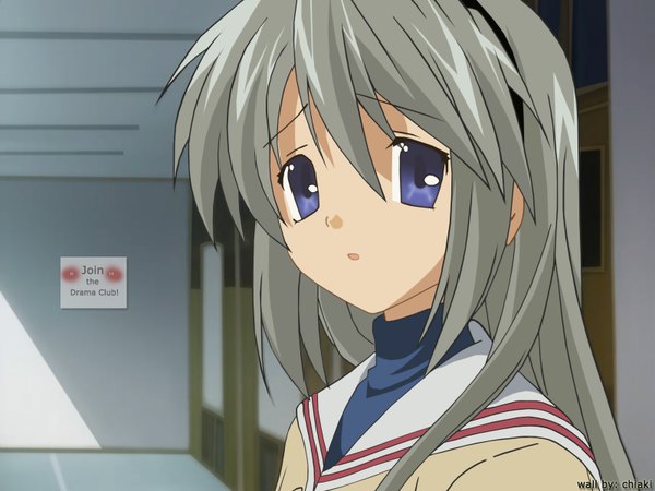 Anime picture 1600x1200 with clannad key (studio) sakagami tomoyo long hair blue eyes grey hair girl uniform school uniform