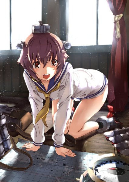 Anime picture 708x1000 with kantai collection yukikaze destroyer tsuuhan single tall image blush short hair open mouth brown hair brown eyes sunlight bare legs kneeling girl hair ornament window backpack map binoculars compass