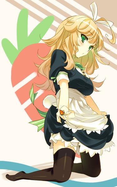 Anime picture 804x1286 with idolmaster hoshii miki onodera single long hair tall image looking at viewer blush breasts blonde hair green eyes maid no shoes kneeling girl thighhighs skirt ribbon (ribbons) black thighhighs hair ribbon