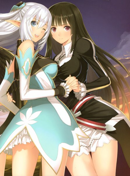 Anime picture 4896x6592 with shining (series) shining blade shining ark altina (shining blade) kilmaria aideen tony taka long hair tall image blush highres open mouth blue eyes black hair multiple girls absurdres white hair one eye closed pink eyes pointy ears wink