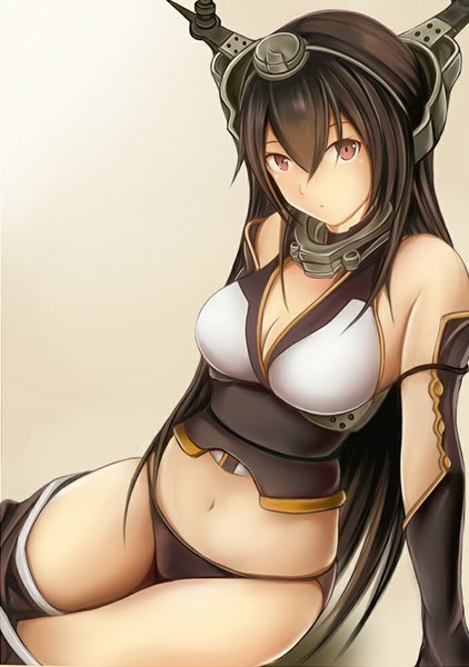 Anime picture 704x1000 with kantai collection nagato battleship nannacy7 single long hair tall image looking at viewer light erotic black hair red eyes bare shoulders girl navel hair ornament underwear panties