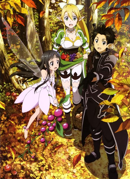 Anime picture 1644x2259 with sword art online a-1 pictures kirigaya kazuto leafa yui (sao) long hair tall image short hair open mouth black hair blonde hair multiple girls green eyes pointy ears black eyes scan official art elf fantasy fairy