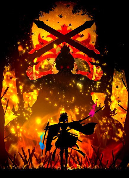 Anime picture 1200x1651 with fate (series) fate/grand order miyamoto musashi (fate) harada miyuki tall image short hair red eyes wide sleeves glowing spread arms glowing eye (eyes) silhouette crossed swords burning girl weapon plant (plants) sword katana leaf (leaves)