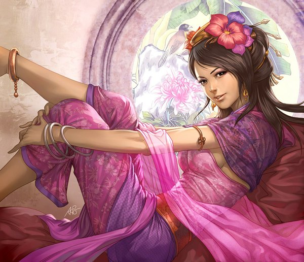 Anime picture 1024x881 with generals order (game) zhang chun hua artgerm (stanley lau) single long hair looking at viewer simple background brown hair brown eyes signed hair flower light smile lips realistic girl hair ornament flower (flowers) earrings animal bracelet