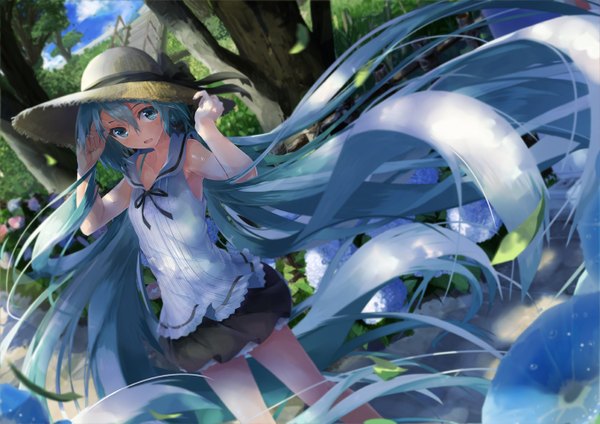 Anime picture 1414x1000 with vocaloid hatsune miku daidou (demitasse) single looking at viewer open mouth blue eyes twintails very long hair plant (plants) hat tree (trees) leaf (leaves) sundress straw hat