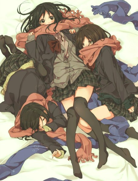 Anime picture 892x1172 with original krsk long hair tall image looking at viewer blush fringe black hair brown hair multiple girls looking away lying eyes closed barefoot on back zettai ryouiki legs on side on stomach sleeping