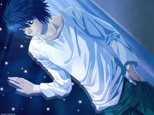 Anime picture 1600x1200 with death note madhouse l (death note) single short hair black hair standing looking away black eyes night reflection hand in pocket boy
