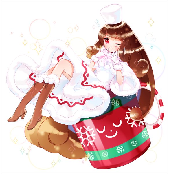 Anime picture 799x821 with cookie run cocoa cookie rarumi single tall image looking at viewer blush fringe smile red eyes brown hair white background full body very long hair one eye closed wink sparkle girl dress gloves