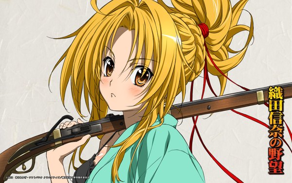 Anime picture 1680x1050 with oda nobuna no yabou oda nobuna single looking at viewer blush blonde hair wide image yellow eyes girl weapon gun