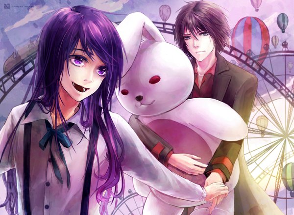 Anime picture 1095x800 with original wail long hair looking at viewer short hair open mouth purple eyes holding purple hair looking back happy open collar expressionless girl boy ribbon (ribbons) shirt white shirt toy ferris wheel