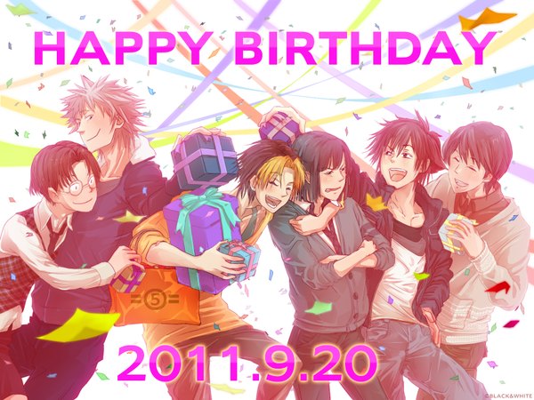 Anime picture 1600x1200 with hikaru no go studio pierrot shindou hikaru akira toya tsutsui kimihiro shinichiro isumi waya yoshitaka goma short hair open mouth smile purple hair white hair eyes closed multicolored hair two-tone hair heterochromia group crossed arms happy birthday