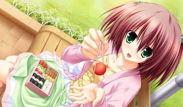 Anime picture 1024x600 with sora to kumo to kimi no koi blush short hair open mouth wide image green eyes game cg red hair girl food obento