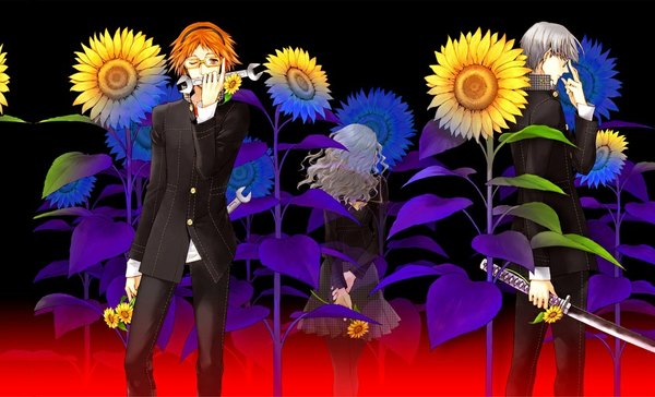 Anime picture 1000x608 with persona 4 persona seta souji hanamura yousuke ebihara ai long hair looking at viewer fringe short hair brown hair wide image standing holding profile one eye closed grey hair wink from behind orange hair multiple boys