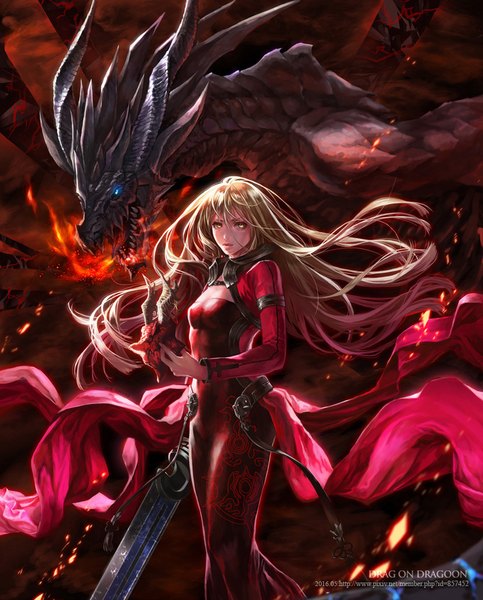 Anime picture 799x993 with drakengard one (drag-on dragoon) cocoon single long hair tall image looking at viewer fringe blonde hair hair between eyes standing holding yellow eyes pink hair long sleeves multicolored hair horn (horns) light smile wind lips