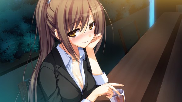 Anime picture 2560x1440 with reminiscence tomose shunsaku long hair blush highres brown hair wide image yellow eyes game cg ponytail girl