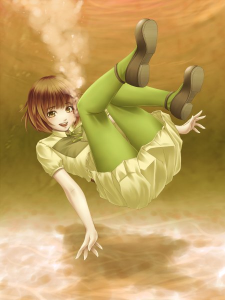 Anime picture 900x1200 with original mochi.f single tall image short hair open mouth brown hair brown eyes legs underwater girl dress pantyhose shoes bubble (bubbles)