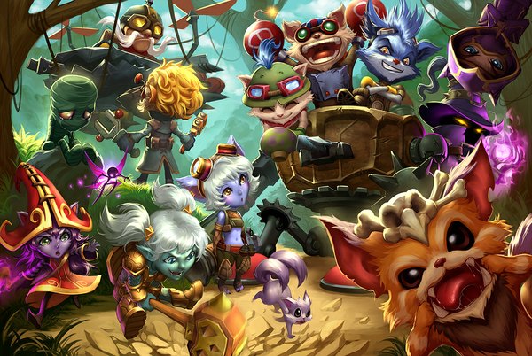 Anime picture 1043x700 with league of legends teemo (league of legends) tristana (league of legends) poppy (league of legends) amumu (league of legends) veigar (league of legends) kennen (league of legends) heimerdinger (league of legends) ziggs (league of legends) corki (league of legends) gnar (league of legends) rumble (league of legends) quirkilicious long hair short hair open mouth blue eyes blonde hair sitting multiple girls