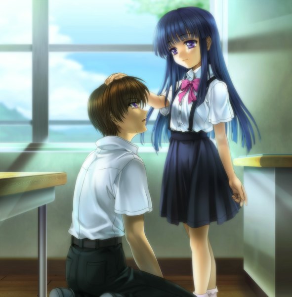 Anime picture 1000x1015 with higurashi no naku koro ni studio deen furude rika maebara keiichi mutsuki (moonknives) long hair tall image short hair brown hair purple eyes blue hair couple girl boy skirt uniform school uniform shirt